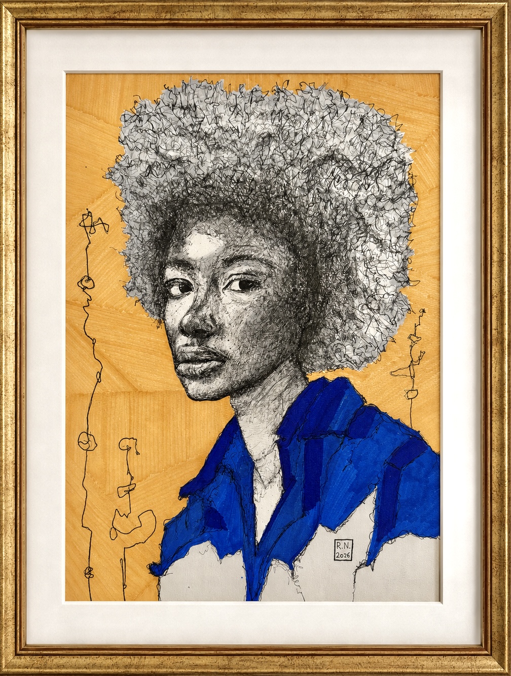 Kunstwerk „Blaue Souveränität“ von Rainer Neuwirth: Porträt einer Frau mit ausdrucksstarkem Blick, voluminösem Haar und leuchtend blauer Bluse