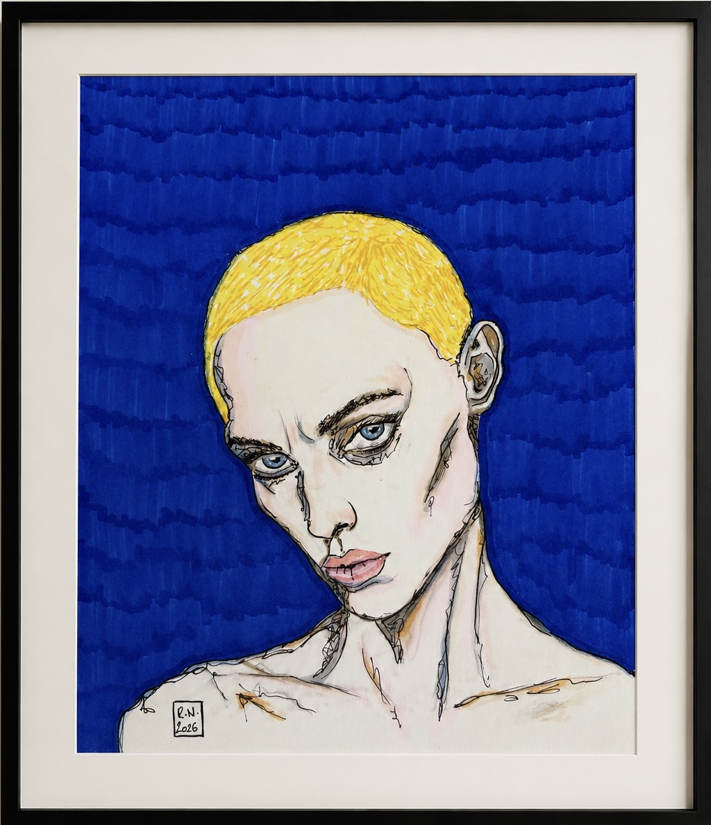 Kunstwerk „Blaue Entschlossenheit“ von Rainer Neuwirth: Porträt einer Person mit kurzem gelbem Haar und durchdringendem Blick vor intensiv blauem Hintergrund