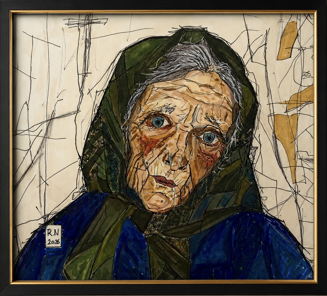 Kunstwerk „Unerschütterlich“ von Rainer Neuwirth: Expressives Porträt einer alten Frau mit grünem Kopftuch, deren starker Blick tiefen und grenzenlosen Glauben ausstrahlt