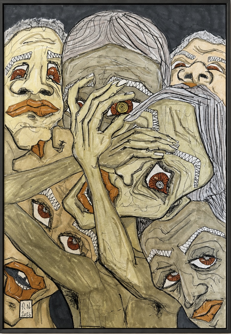 Kunstwerk „Gemurmel“ von Rainer Neuwirth: Dicht ineinander verschobene Gesichter, Hände und Körper in erdigen Farbtönen