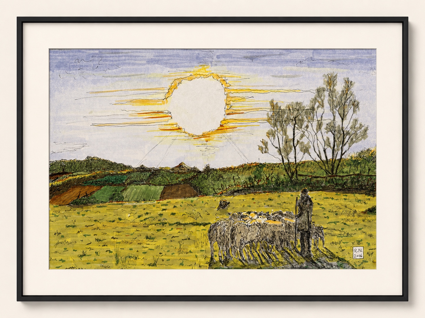 Kunstwerk „Hüter des Lichts“ von Rainer Neuwirth: Hirte mit Schafherde in einer weiten Landschaft unter einer ausgesparten weißen Sonne