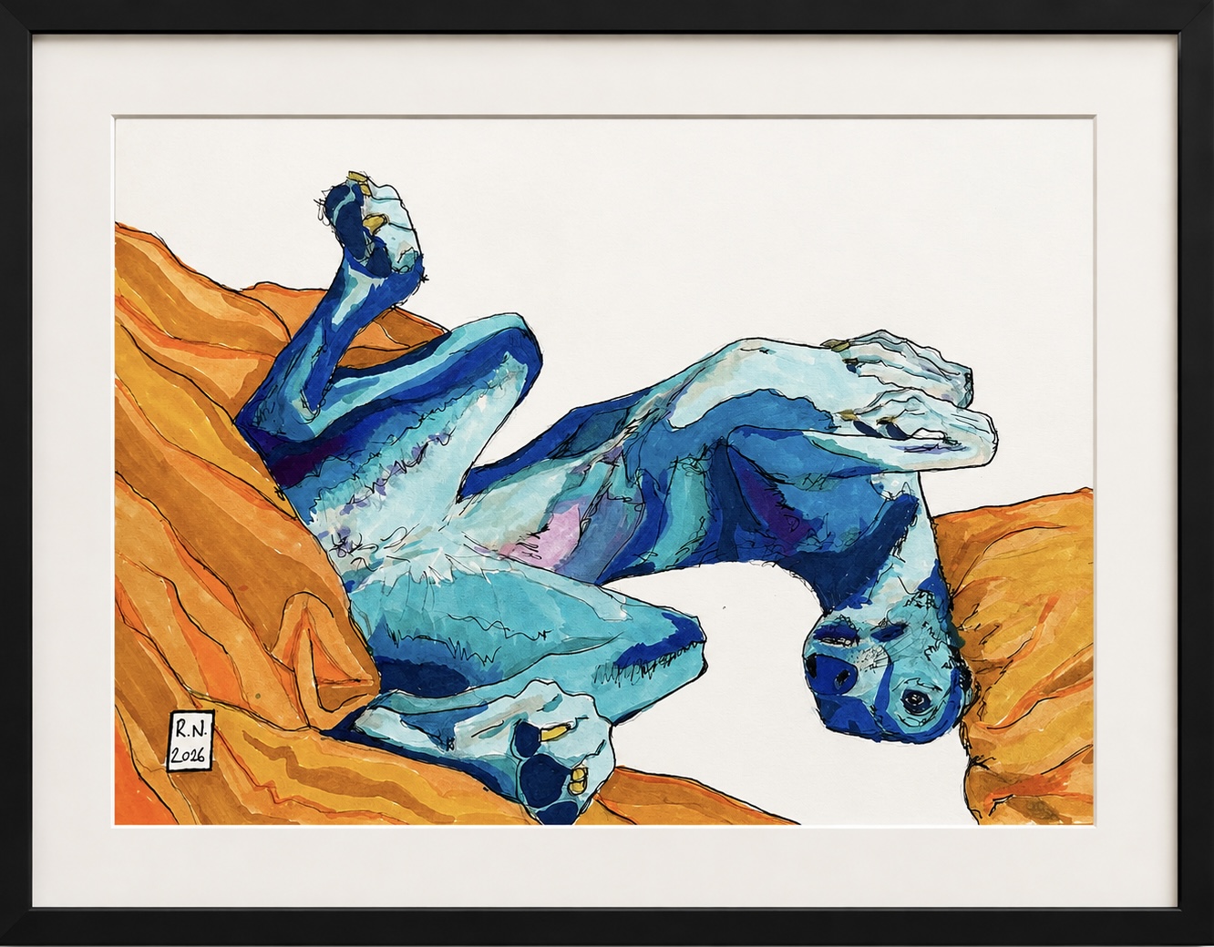 Kunstwerk „Hund im Glück“ von Rainer Neuwirth: Ein blau und türkis gezeichneter Hund liegt entspannt auf warmen orangefarbenen Stoffflächen