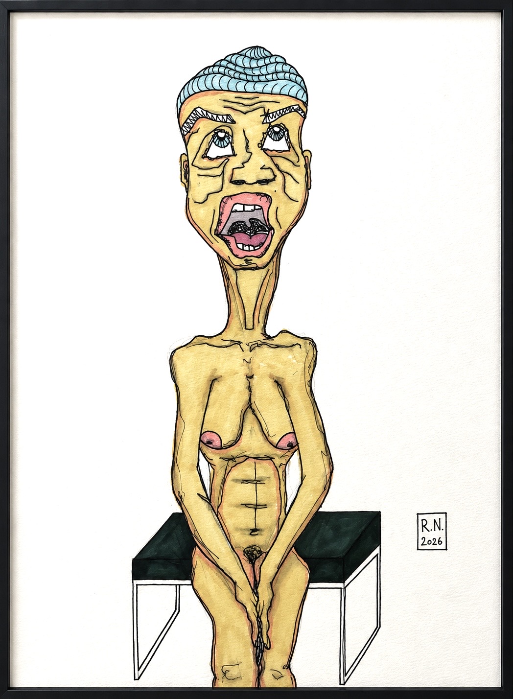 Artwork “In the Waiting Room” by Rainer Neuwirth: a seated nude figure with folded hands, open mouth and an upward gaze