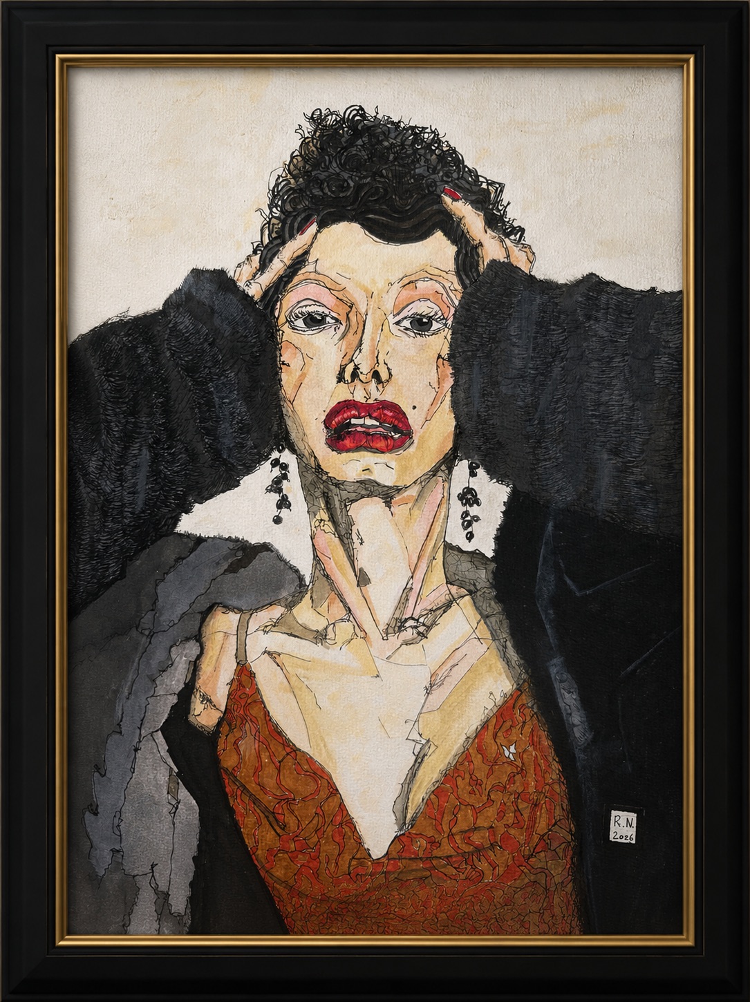 Kunstwerk „Diva im Stress“ von Rainer Neuwirth: Expressives Frauenporträt mit an die Schläfen gelegten Händen, rotem Mund und dunkler Kleidung