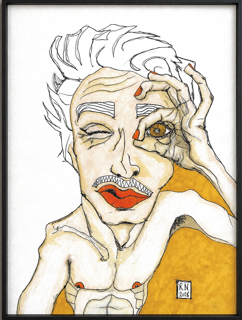 Kunstwerk „Selbst im Blick“ von Rainer Neuwirth: Expressives Selbstporträt mit einer Hand, die das geöffnete Auge kreisförmig umfasst
