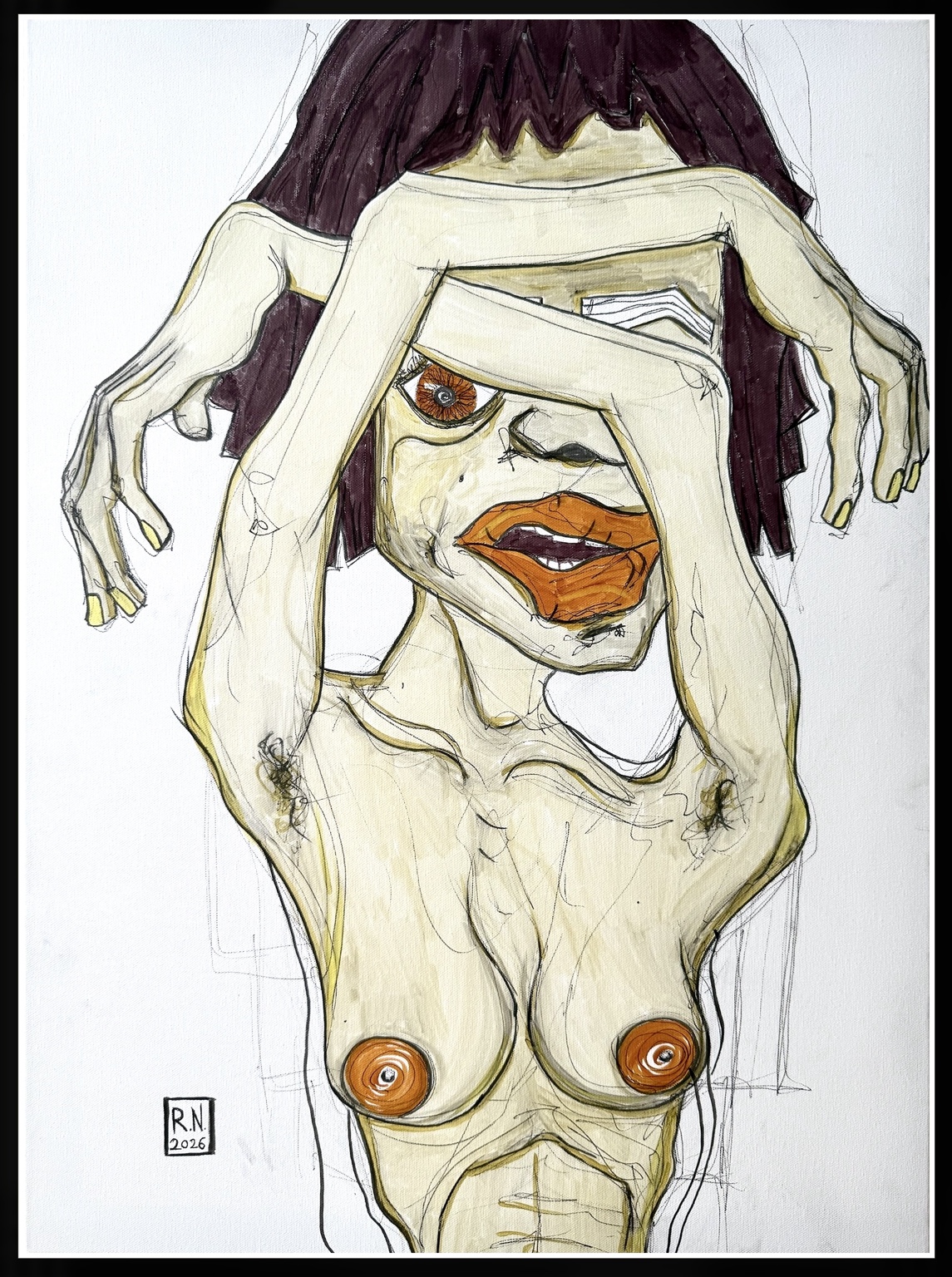 Kunstwerk „Unter Händen“ von Rainer Neuwirth: Frauenfigur mit orangefarbenem Auge und Lippen, deren Gesicht und Oberkörper von vier Händen gerahmt werden