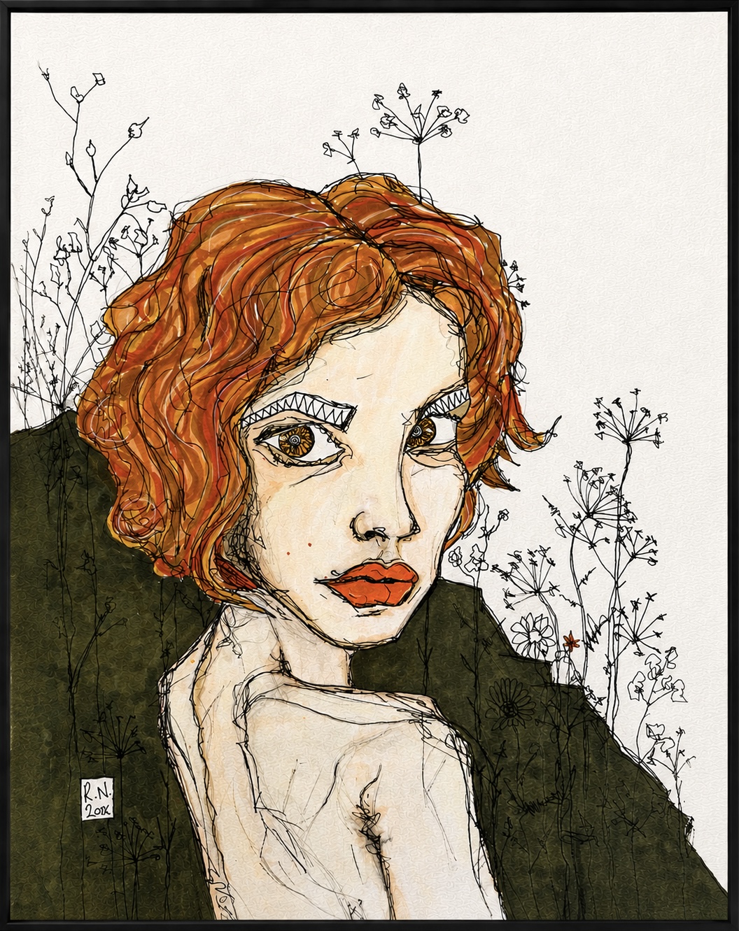 Kunstwerk „Wachsame Blume“ von Rainer Neuwirth: Porträt einer rothaarigen Frau mit aufmerksamem Blick, umgeben von feinen Pflanzen und Blüten