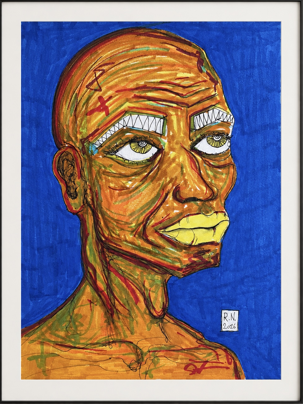 Kunstwerk „Was der Blick weiß“ von Rainer Neuwirth: orangefarbenes Porträt mit gelben Lippen, grünen und roten Linien vor tiefblauem Hintergrund