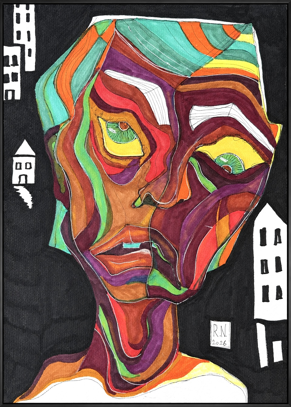 Artwork “Where I Belong” by Rainer Neuwirth: colourful portrait with green eyes and curved bands of colour, surrounded by white houses against a black background