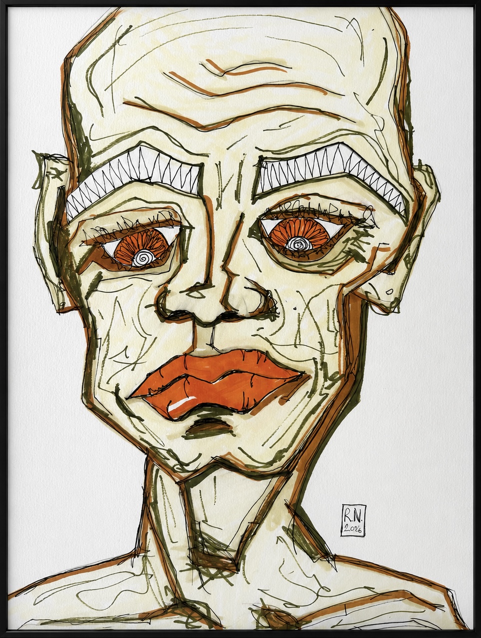 Kunstwerk „Zu lange wach“ von Rainer Neuwirth: Expressives Porträt mit schweren Lidern, orangefarbenen Augen und einem von Linien durchzogenen Gesicht