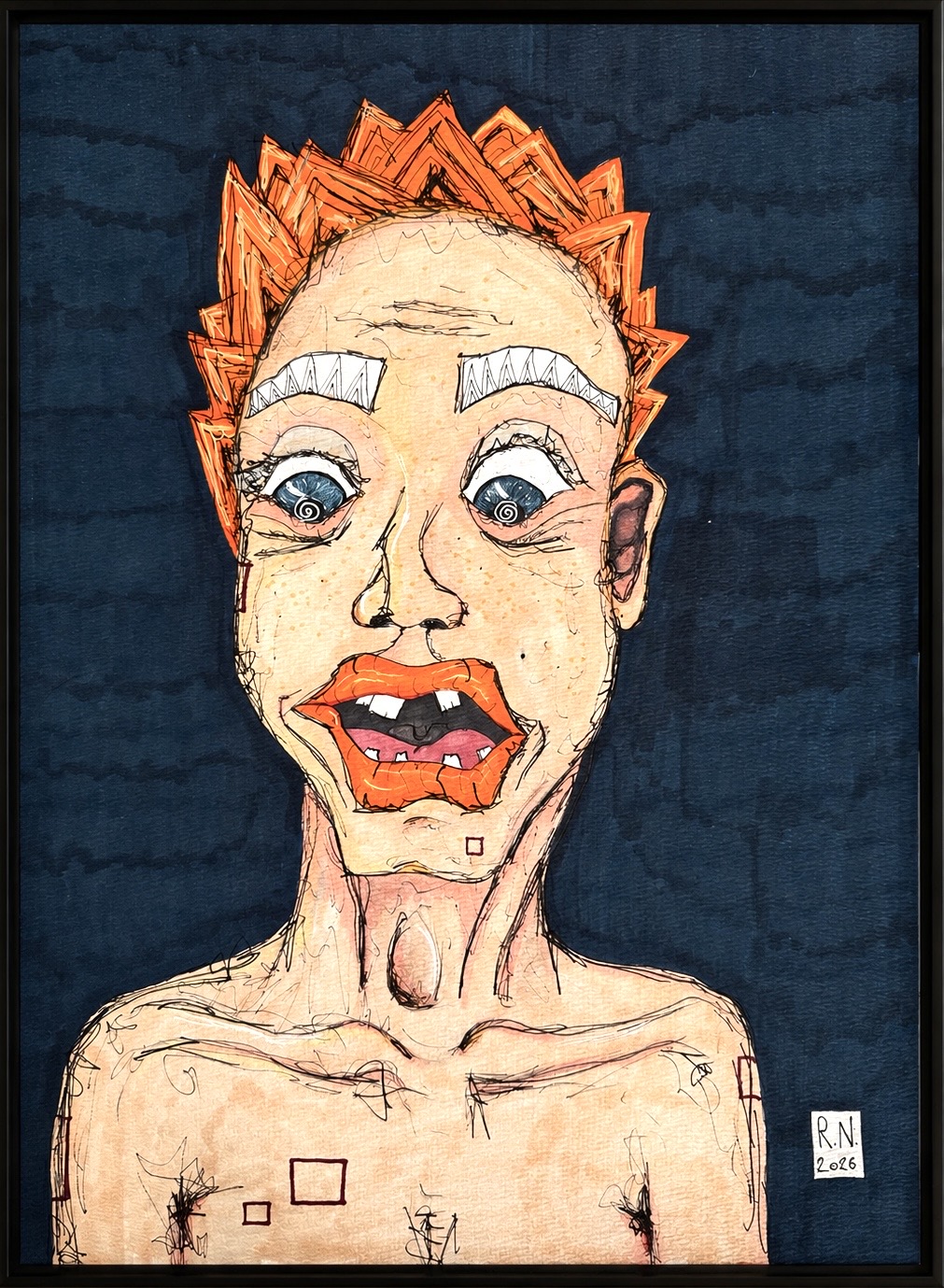 Kunstwerk „Zu viel Welt“ von Rainer Neuwirth: Expressives Porträt mit weit geöffneten Spiralaugen, orangefarbenem Haar und Lippen vor dunkelblauem Grund