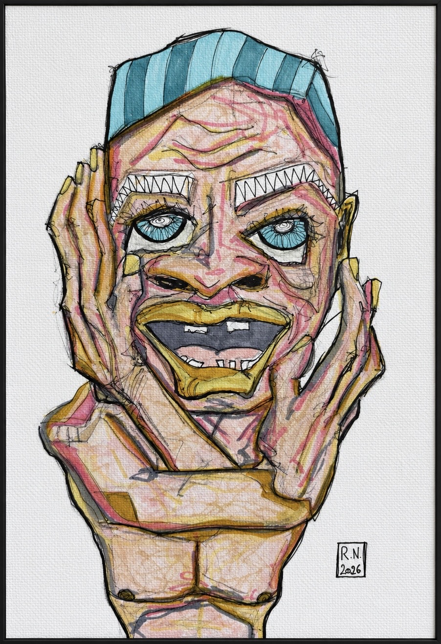 Artwork “Between Laughter and Support” by Rainer Neuwirth: colourful portrait with a turquoise cap and eyes, an open laughing mouth and hands against both cheeks